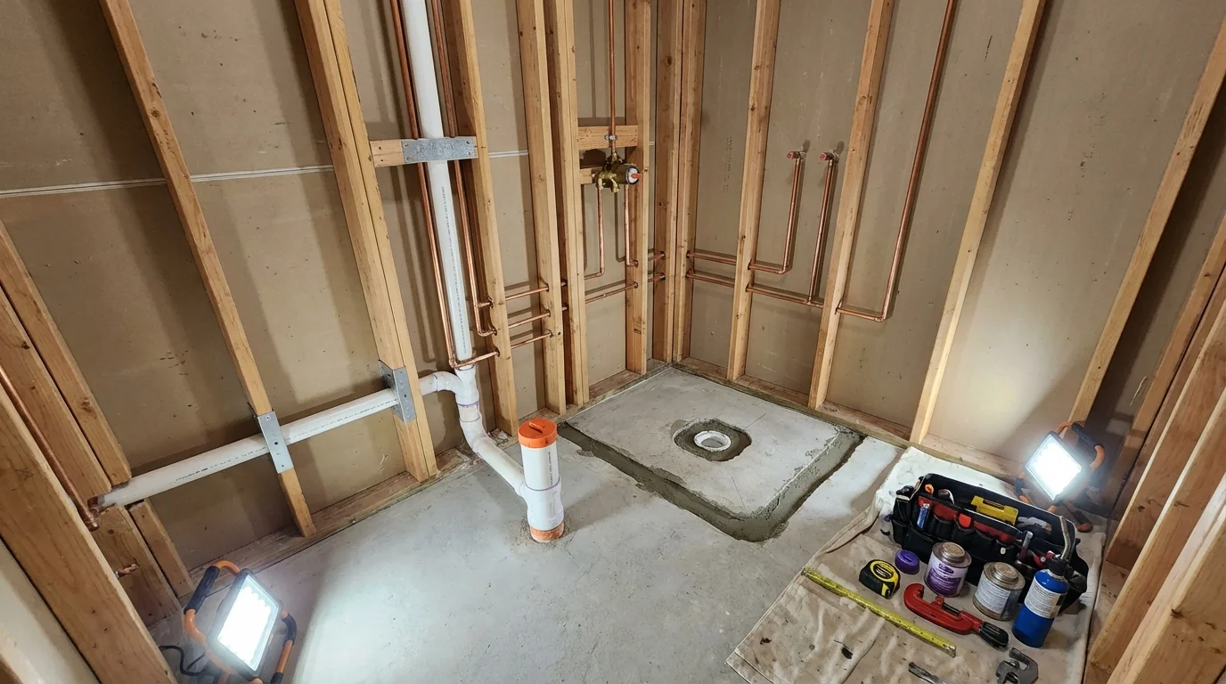 Bathroom rough-in plumbing during remodel by Johns Plumbing LLC in Girdwood