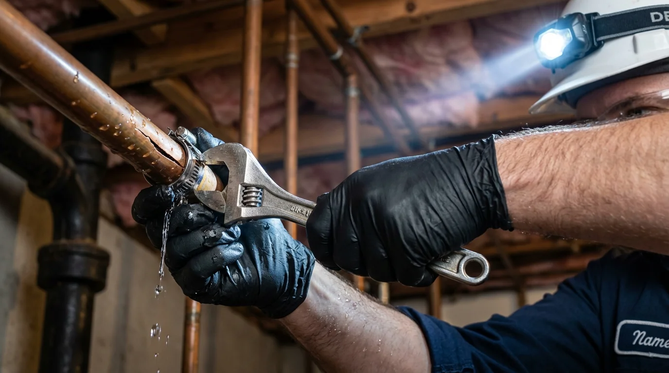 Emergency pipe clamp repair being performed by a Johns Plumbing LLC plumber in Girdwood