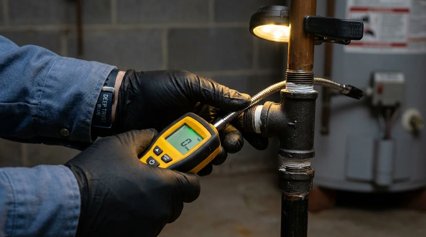 Gas leak detection with electronic sniffer by Johns Plumbing LLC in Girdwood