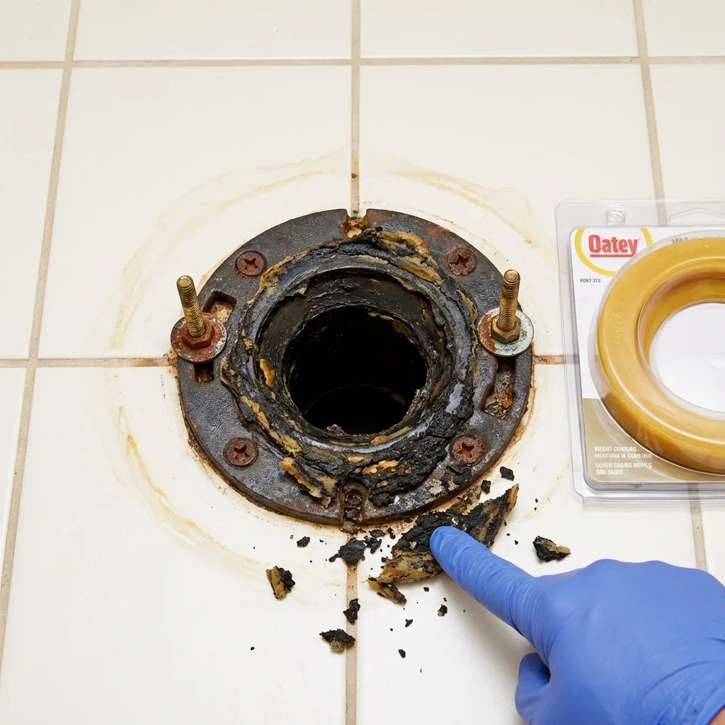 Failed wax ring showing water seepage at the base of a toilet in a Girdwood, AK home